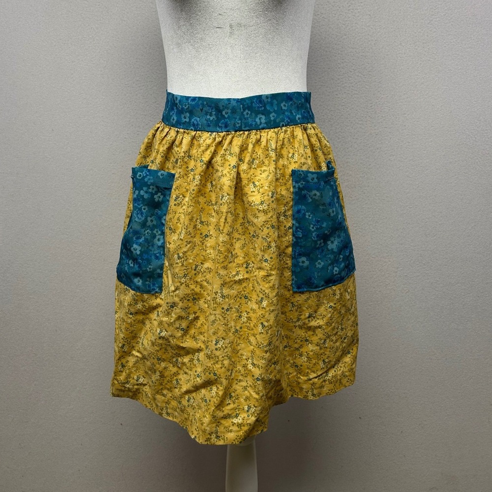 Cottagecore Handmade Women One Size Yellow Teal Floral Half Apron Pockets